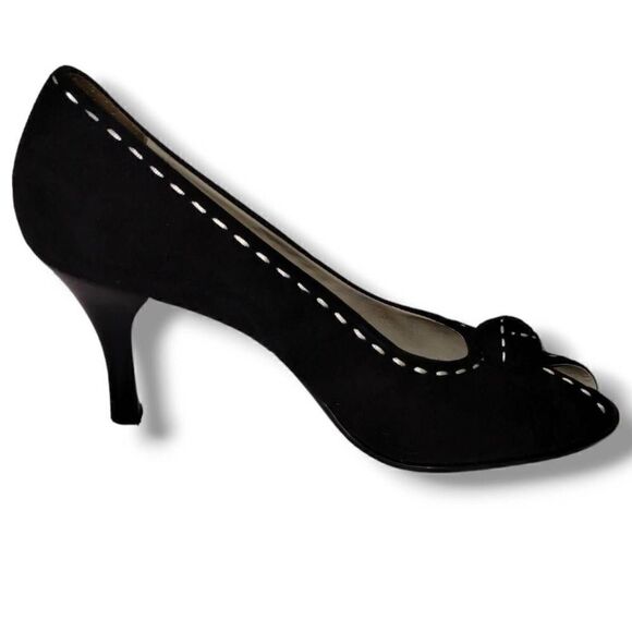 Franco Sarto Womens Black Suede Heel Size 8.5 Open Toe White Stitching 3" Heel - Picture 2 of 11